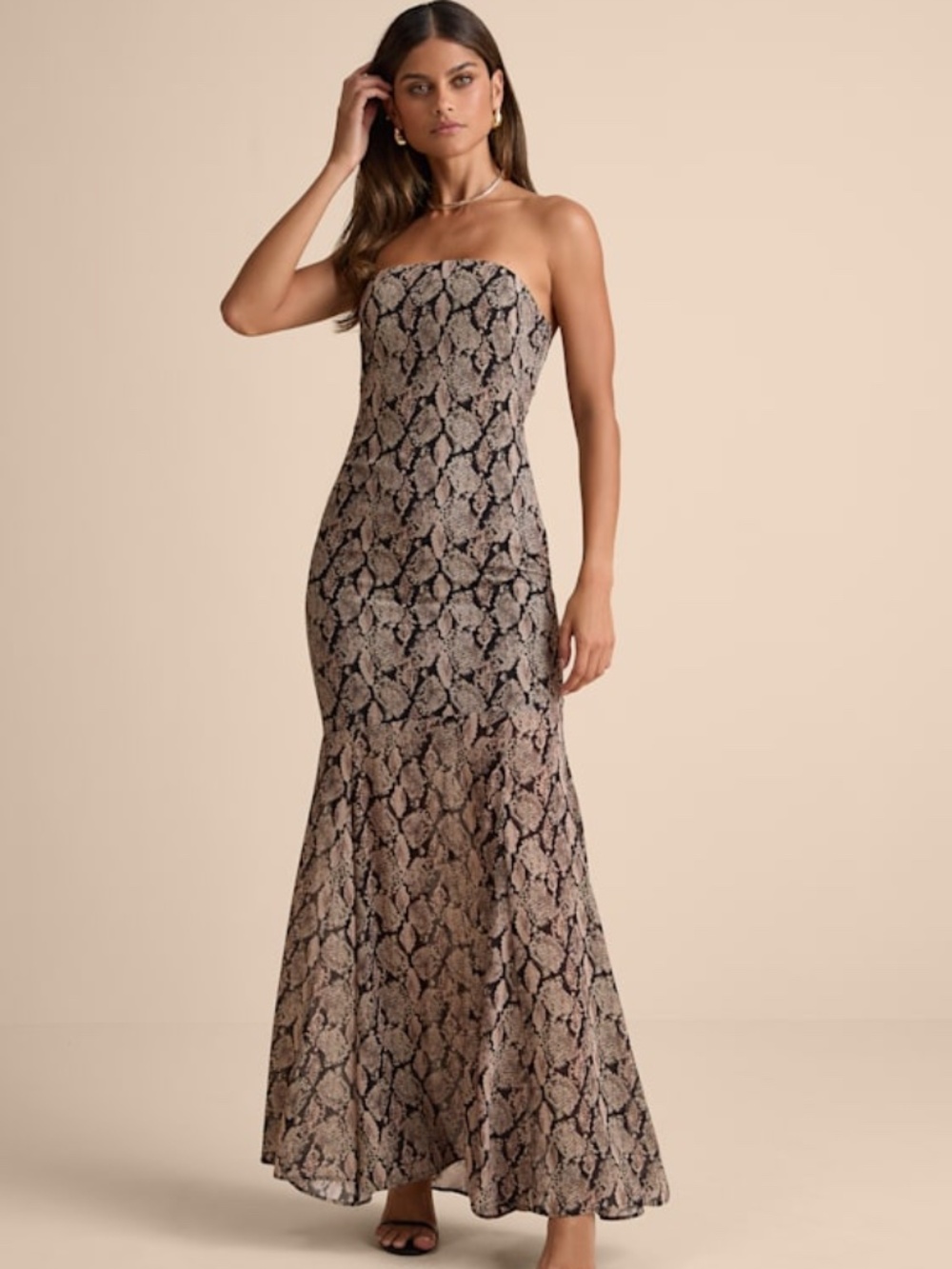 Lulus Cherette Brown Snake Print Strapless Maxi Dress - Size M